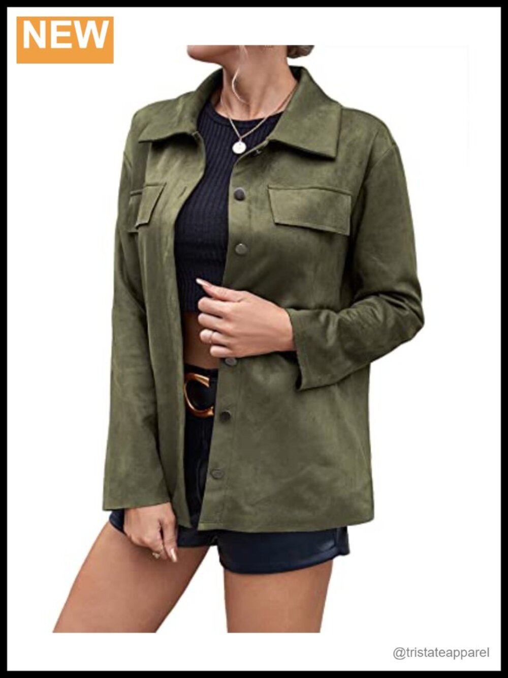 Women's Faux Suede Shirt Jacket Snap Button Lapel Long Sleeve Oversized Shacket